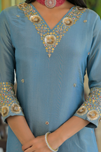 Azure Blue Pure Tissue Suit with Crushed Tissue Dupatta