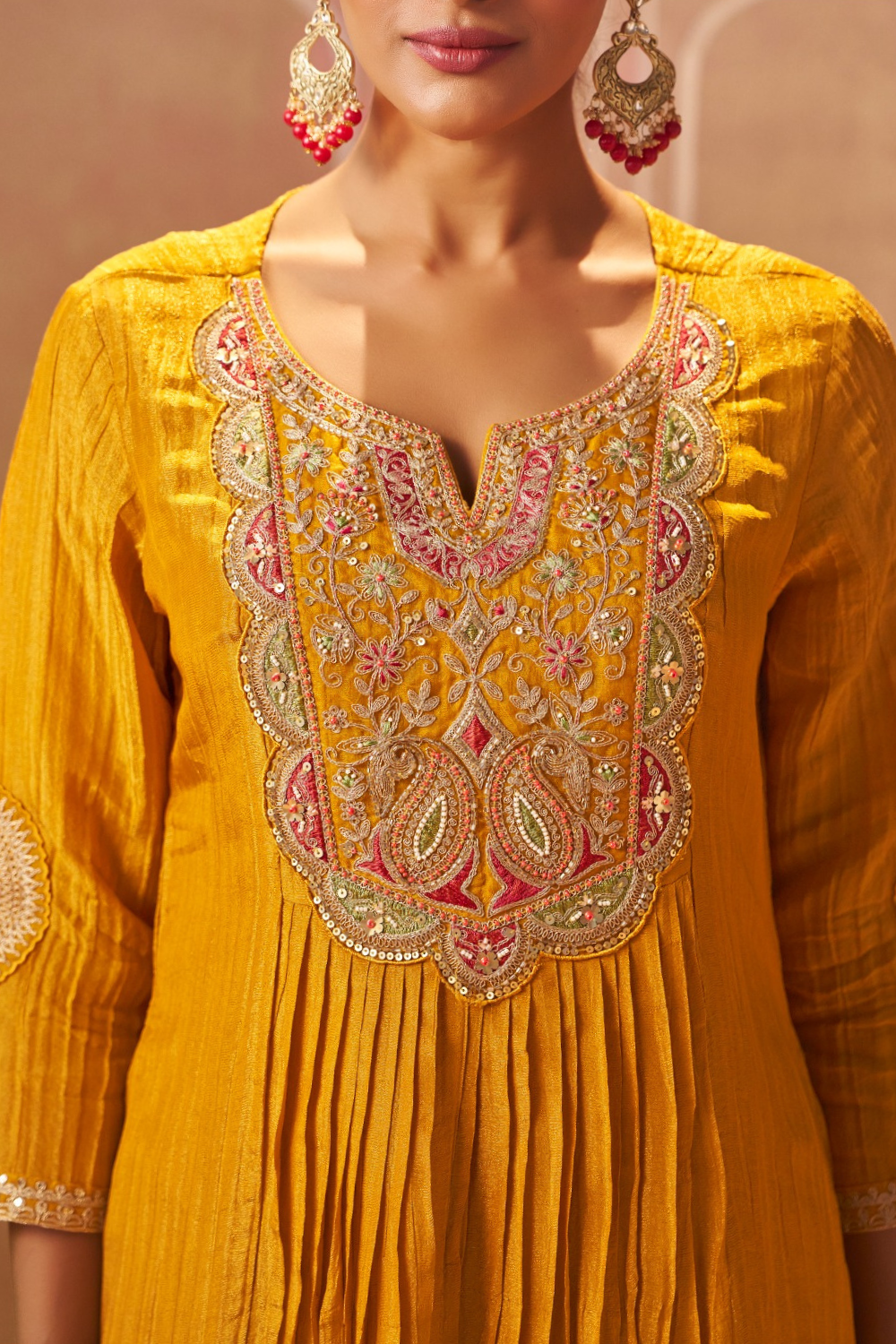 Mustard Crushed Tissue Suit with Red Bandhej Dupatta