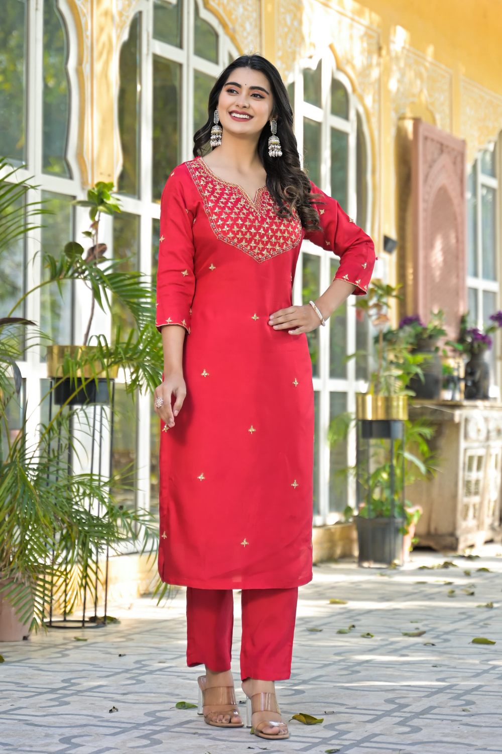Red Silk Suit with Handwork Neckline & Banarasi Dupatta