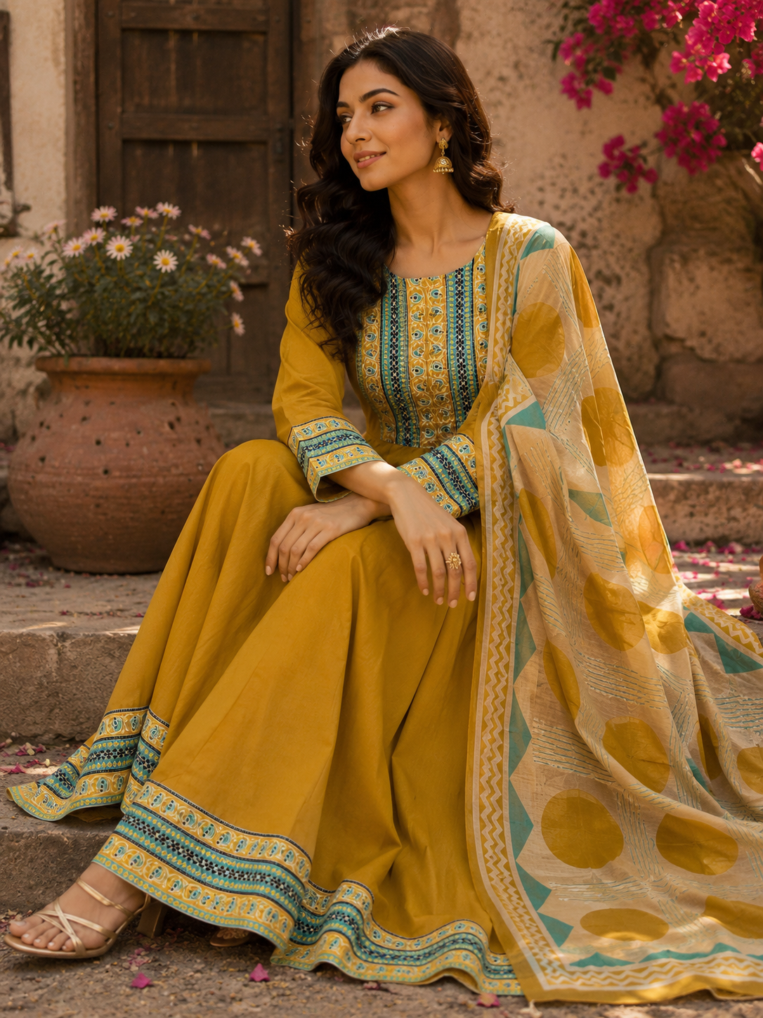 Cotton Anarkali Suit Set with Light Detailing