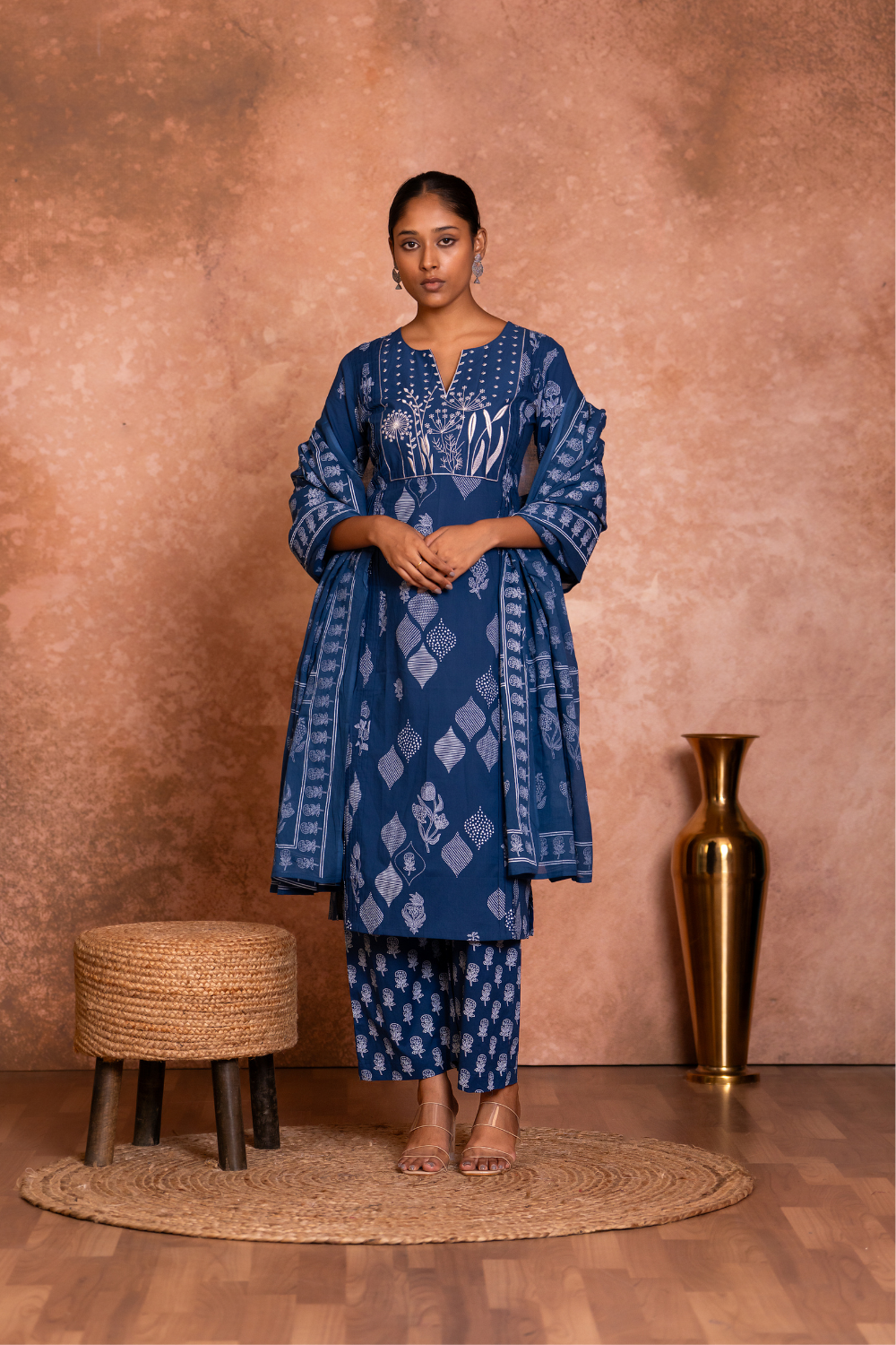 Indigo Floral Embroidered Cotton Suit Set