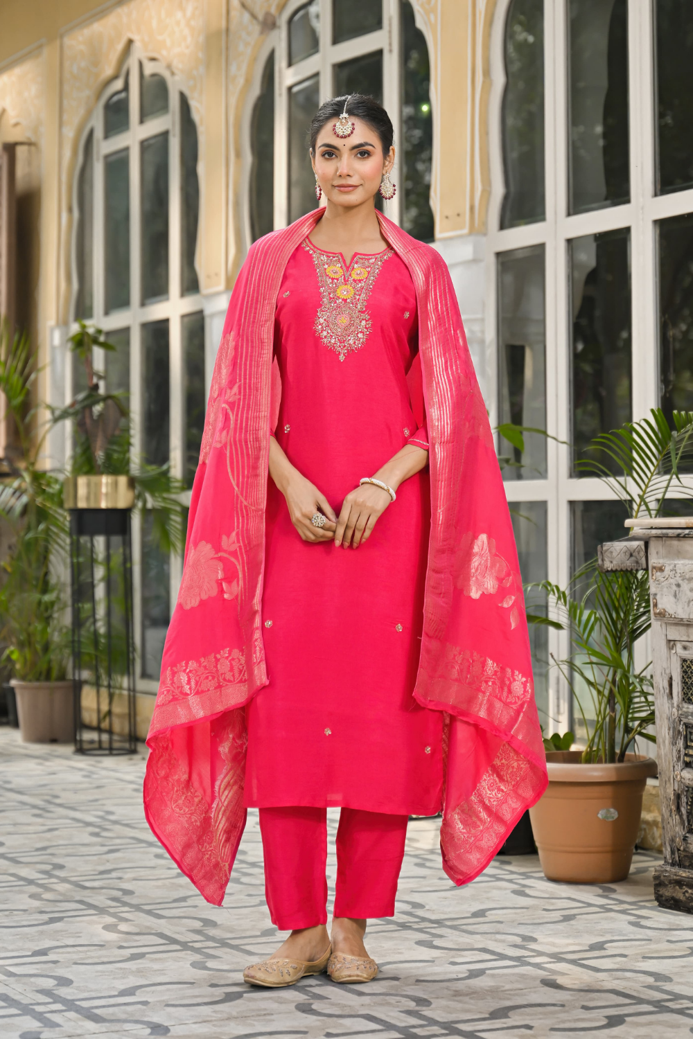 Pink Dola Silk Suit with Intricate Neck Work & Banarasi Floral Dupatta