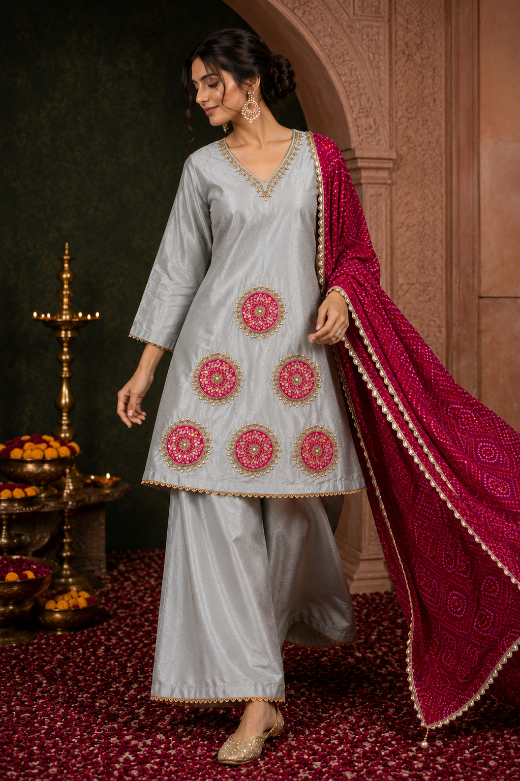 Grey Opara Silk Suit Set with Patch Work, Gotta Patti & Pure Chinon Dupatta