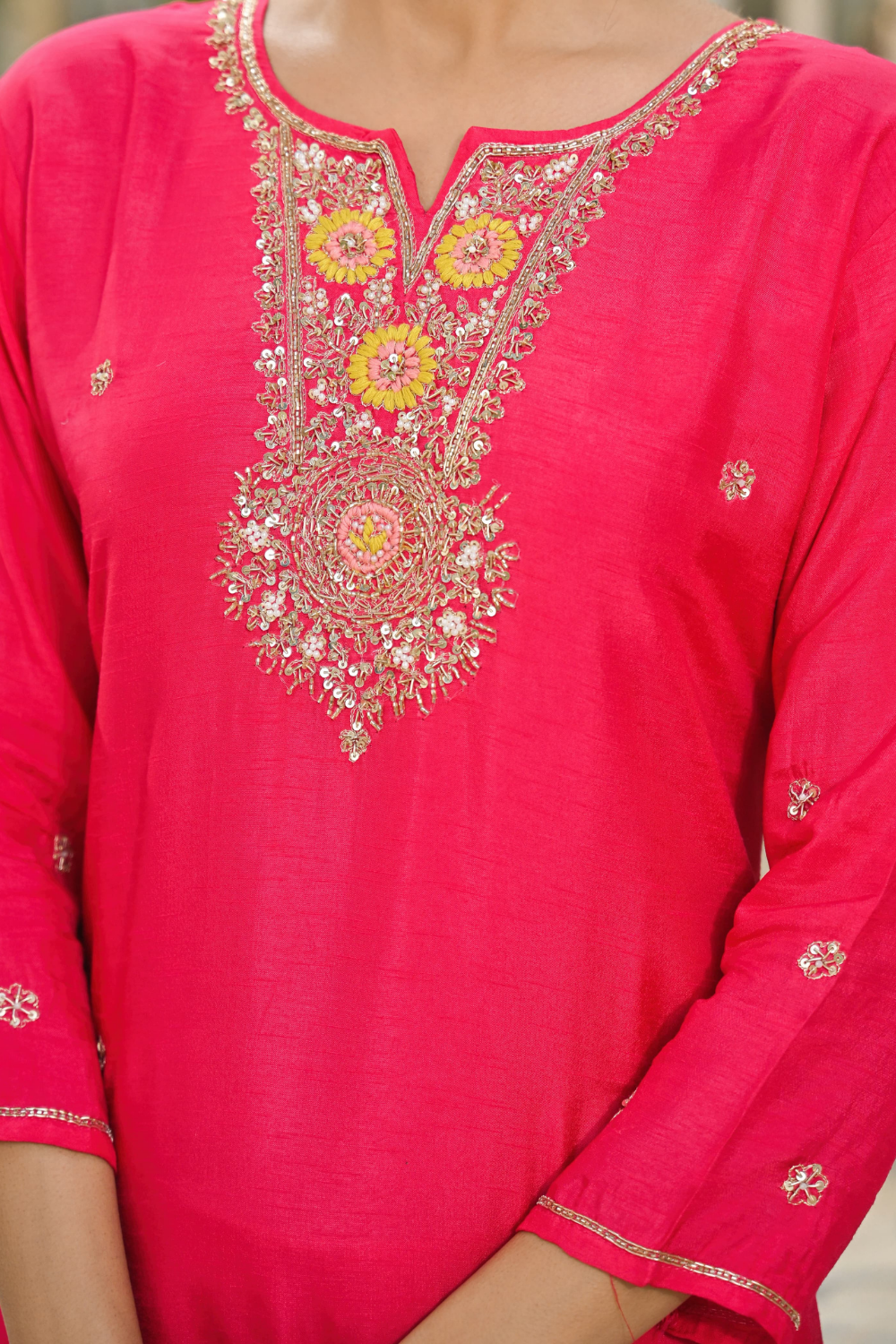 Pink Dola Silk Suit with Intricate Neck Work & Banarasi Floral Dupatta