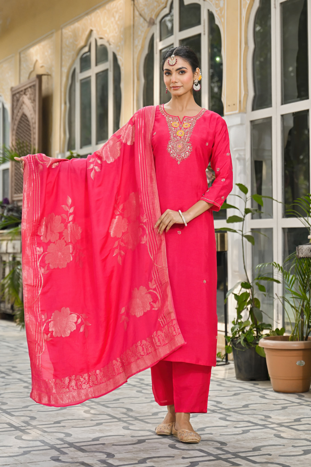 Pink Dola Silk Suit with Intricate Neck Work & Banarasi Floral Dupatta
