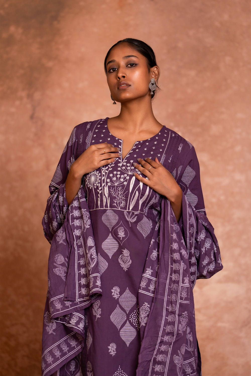 Purple Floral Embroidered Cotton Suit Set