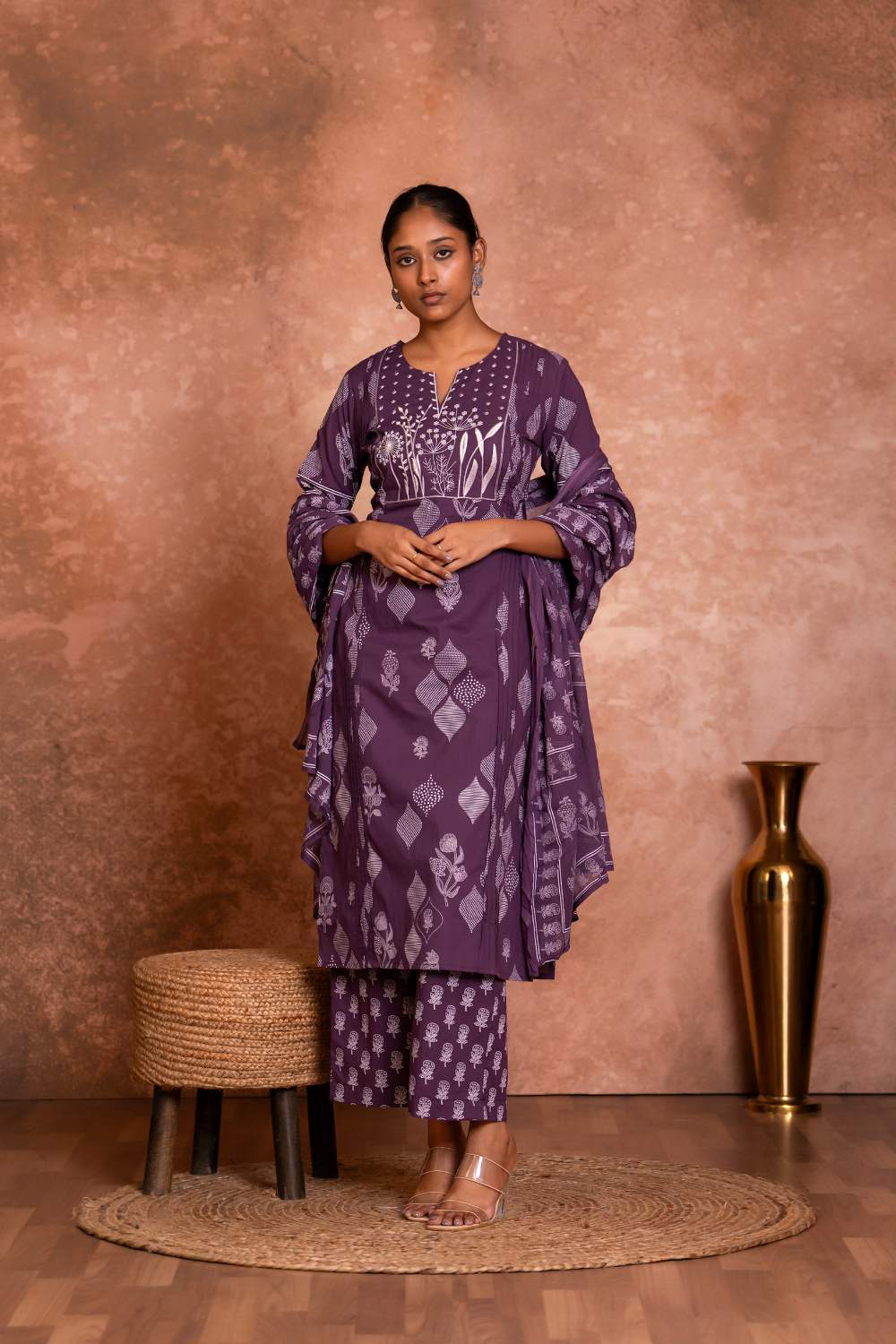 Purple Floral Embroidered Cotton Suit Set