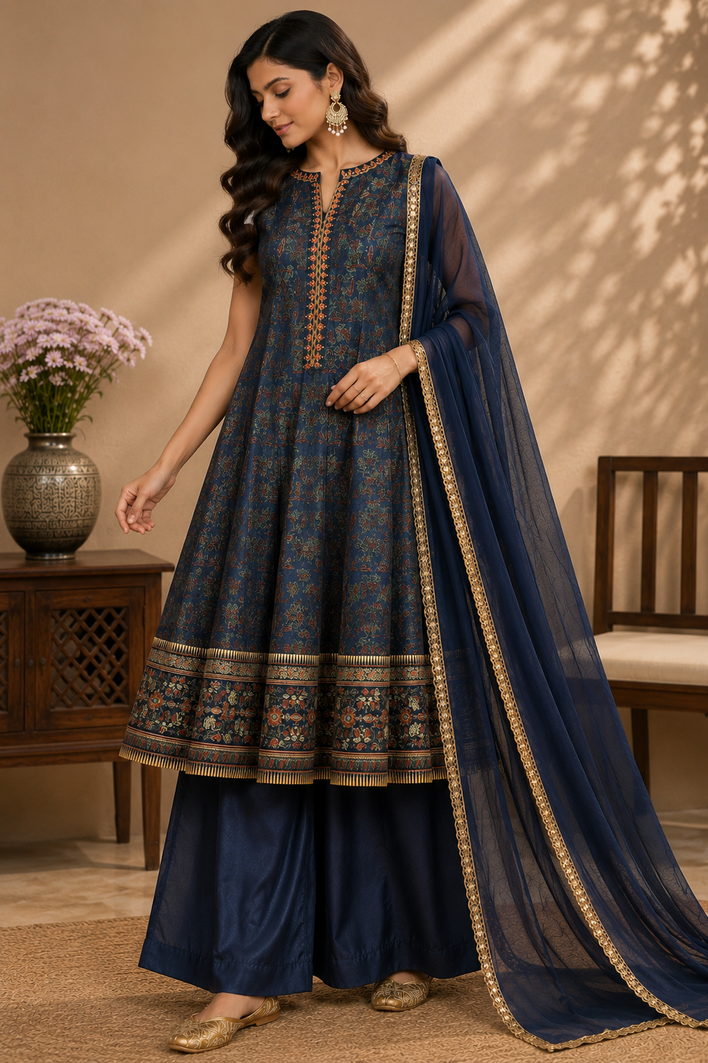Silk Anarkali Suit Set with Handwork & Chinon Dupatta