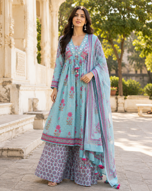 Cotton Printed Anarkali Suit Set with Lace Details