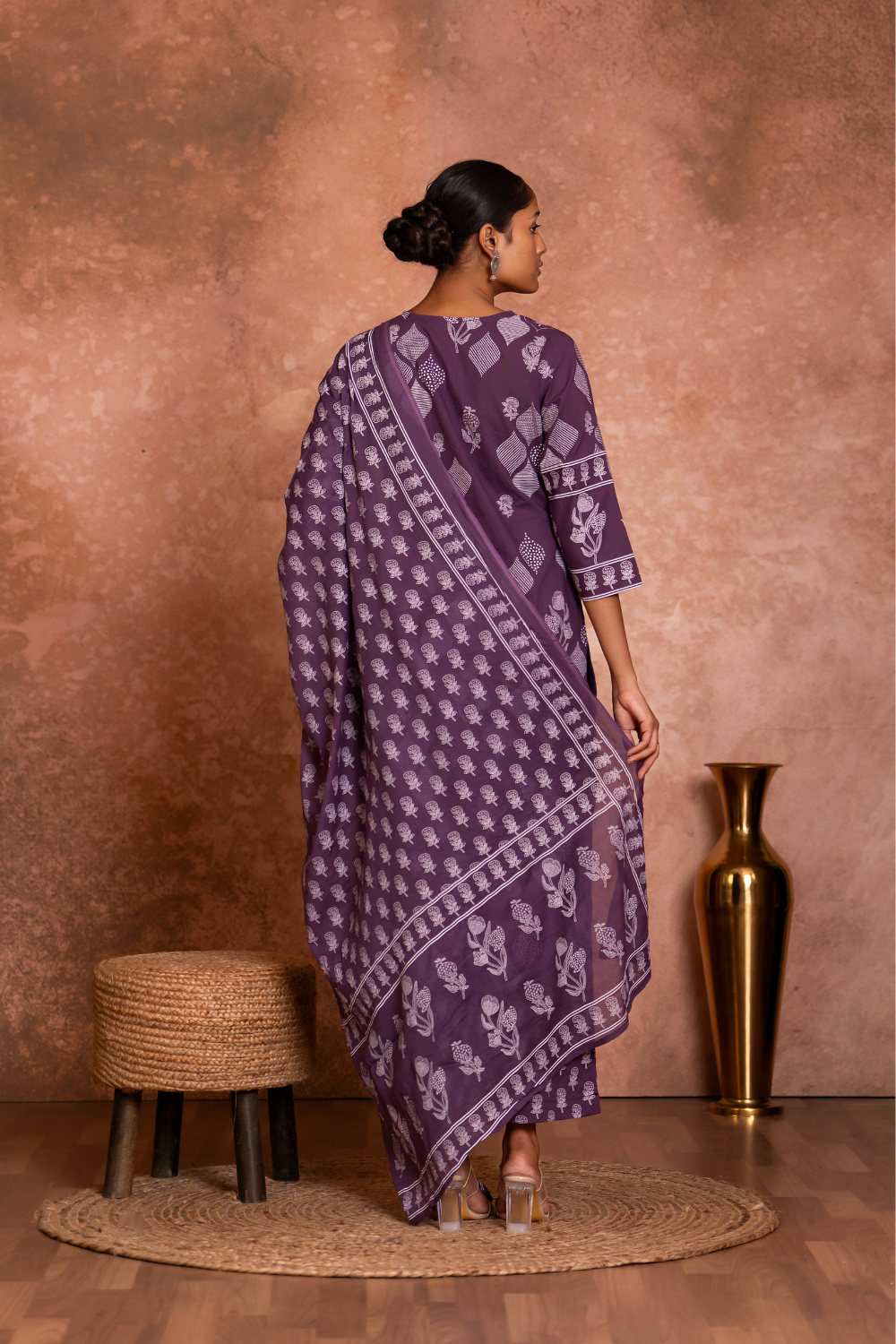 Purple Floral Embroidered Cotton Suit Set