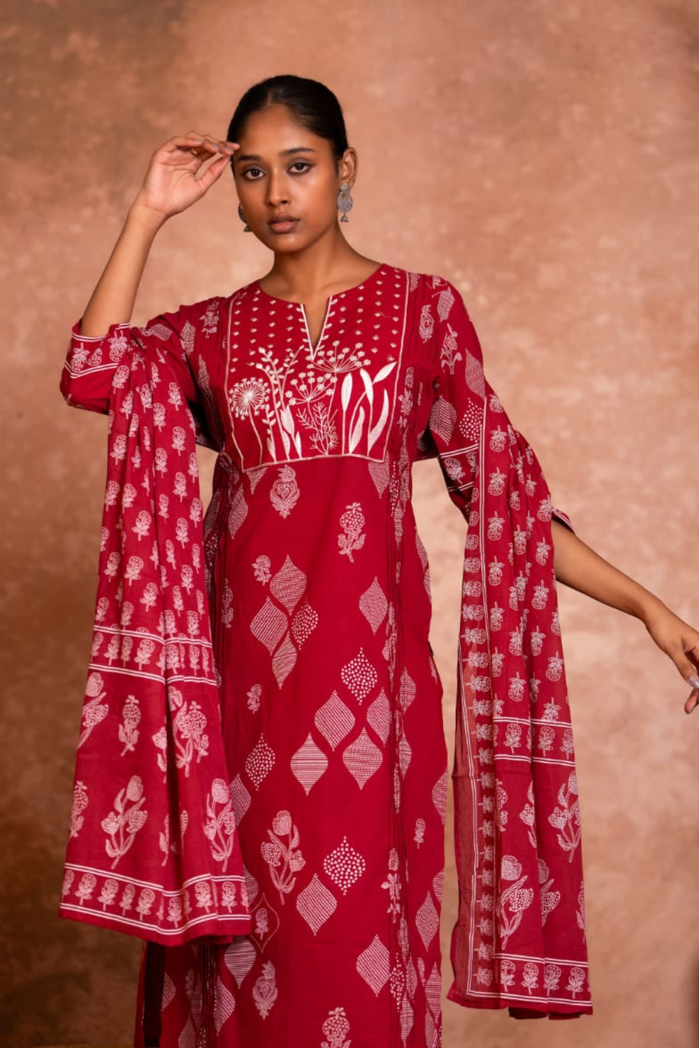 Maroon Floral Embroidered Cotton Suit Set