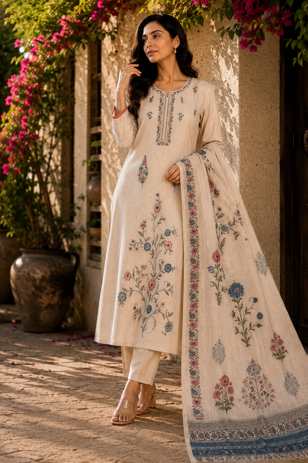 Cotton Floral Machine Work Suit Set