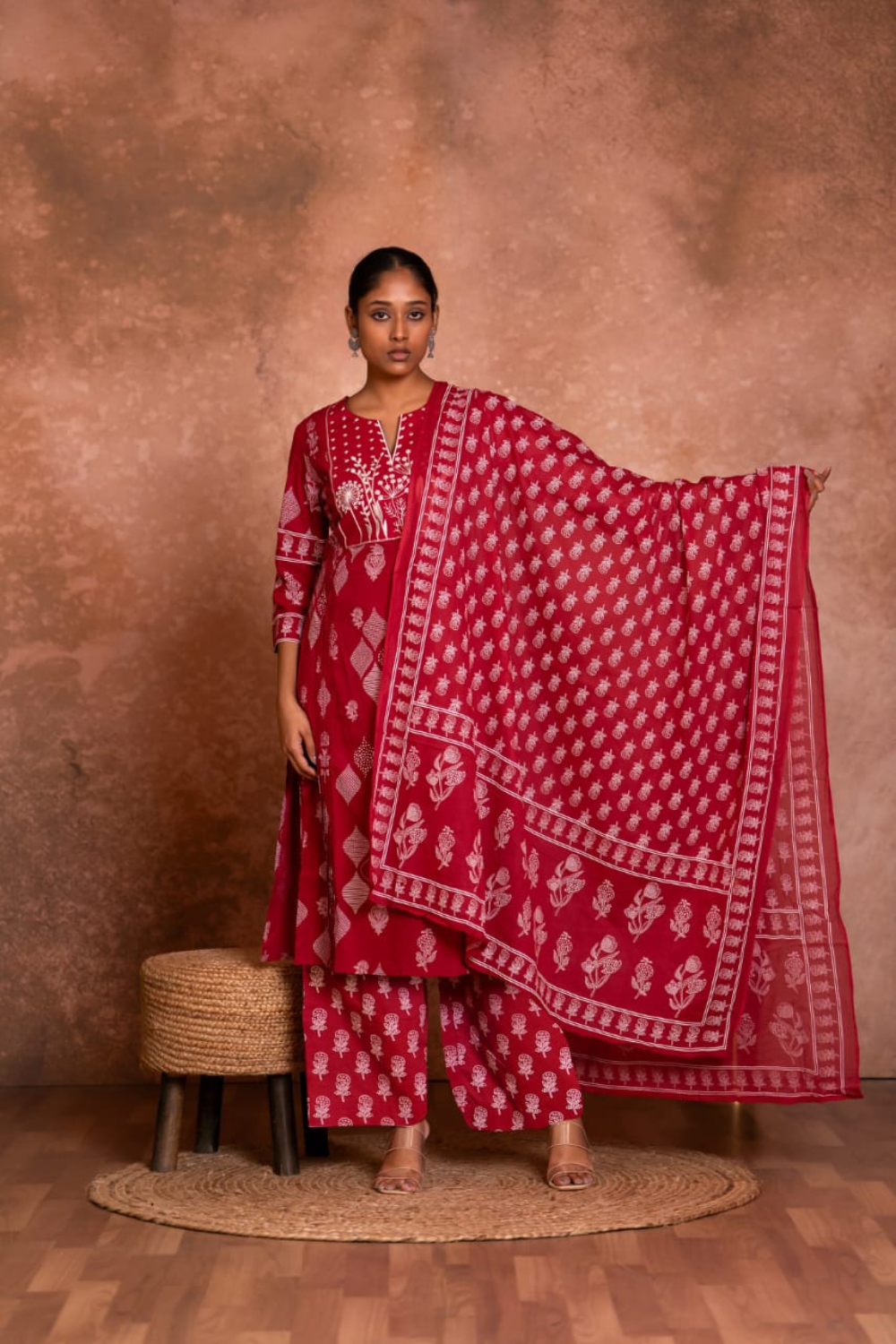 Maroon Floral Embroidered Cotton Suit Set