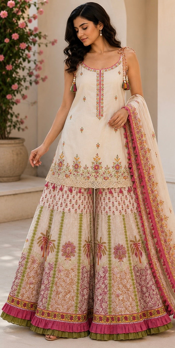 Printed Cotton Kurta Sharara Set with Machine Work