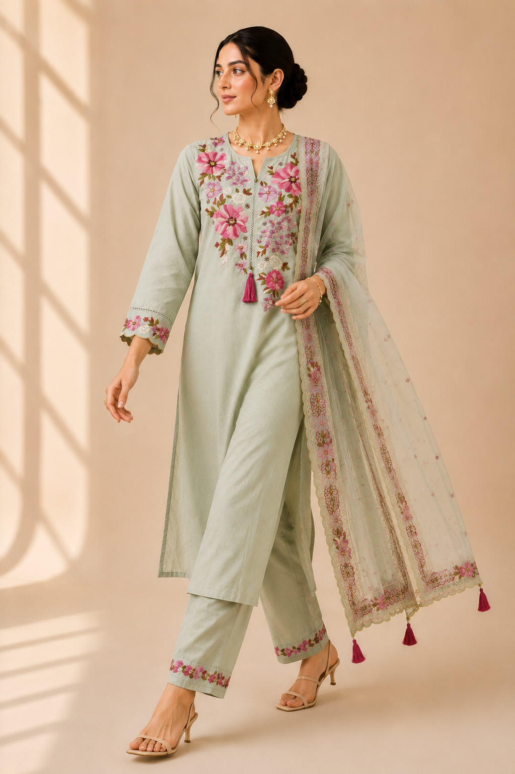 Mul Chanderi Suit Set with Embroidery Detailing