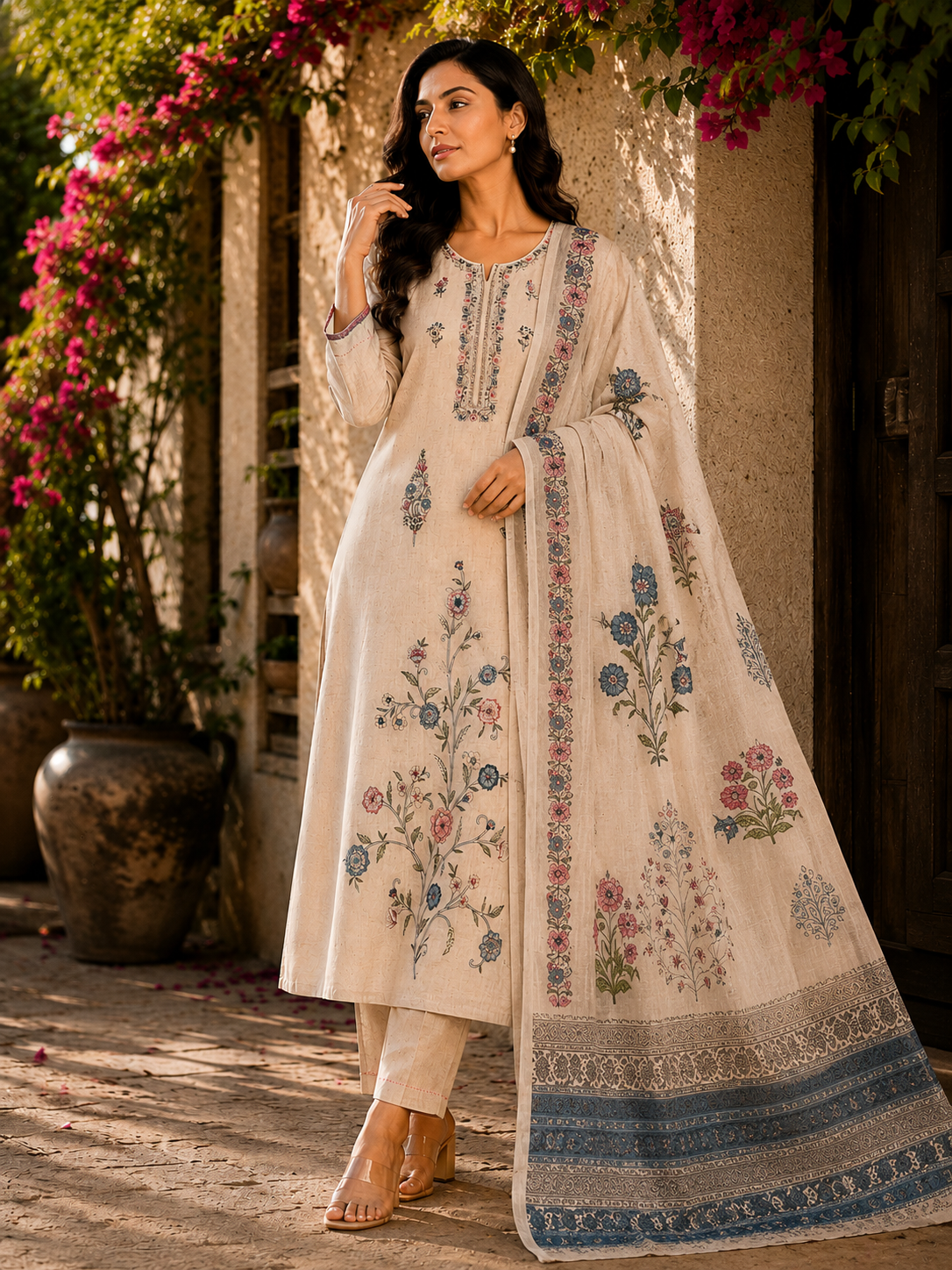 Cotton Floral Machine Work Suit Set