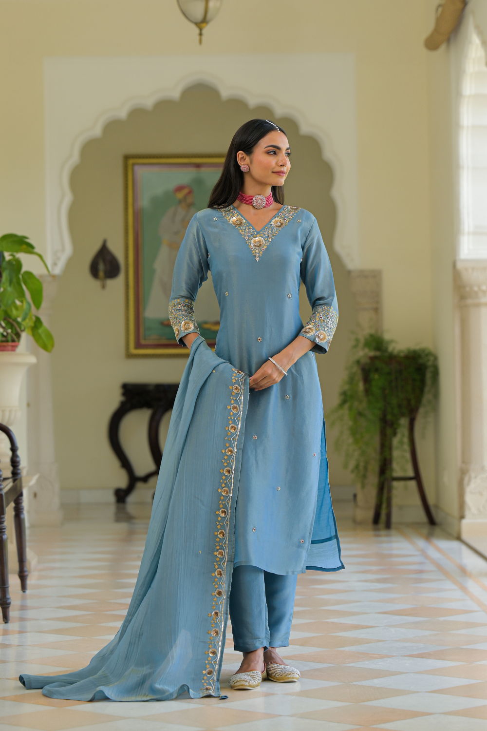 Azure Blue Pure Tissue Suit with Crushed Tissue Dupatta