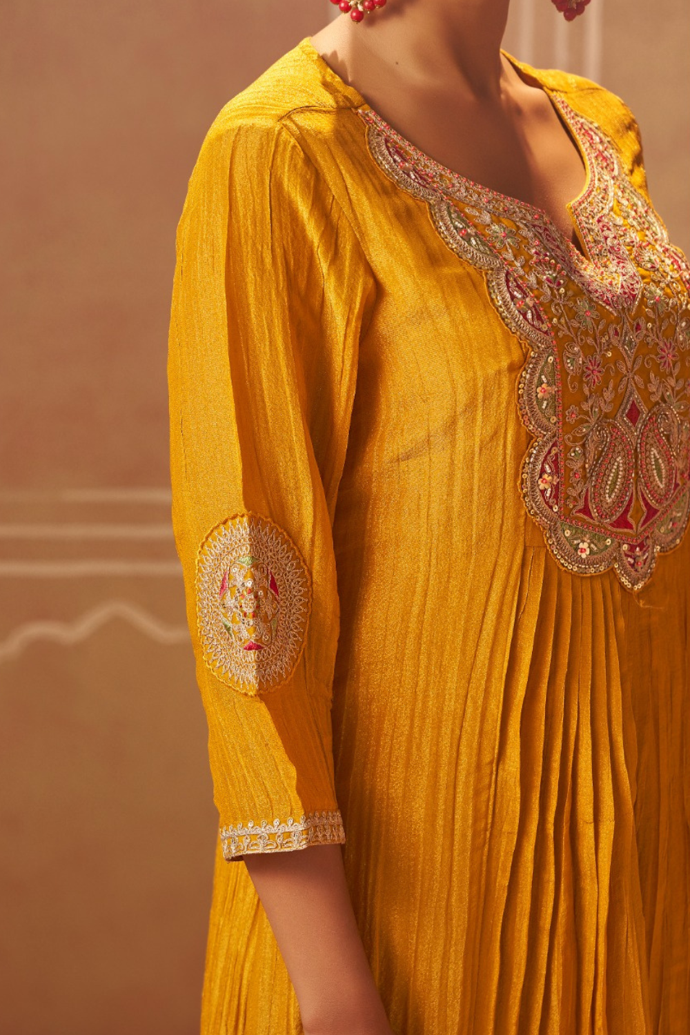 Mustard Crushed Tissue Suit with Red Bandhej Dupatta