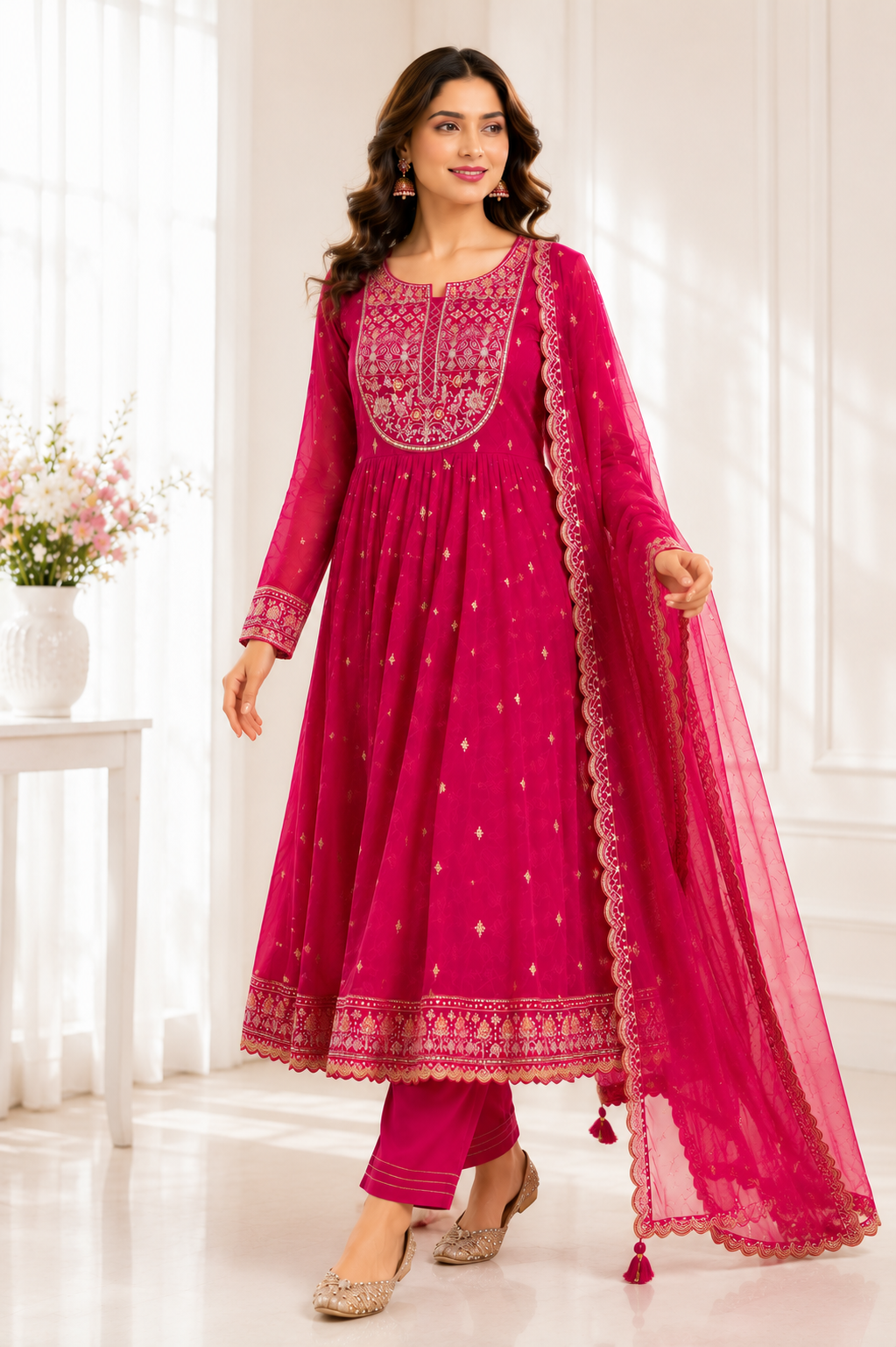 Pink Organza Silk Design Suit Set with Zari Work