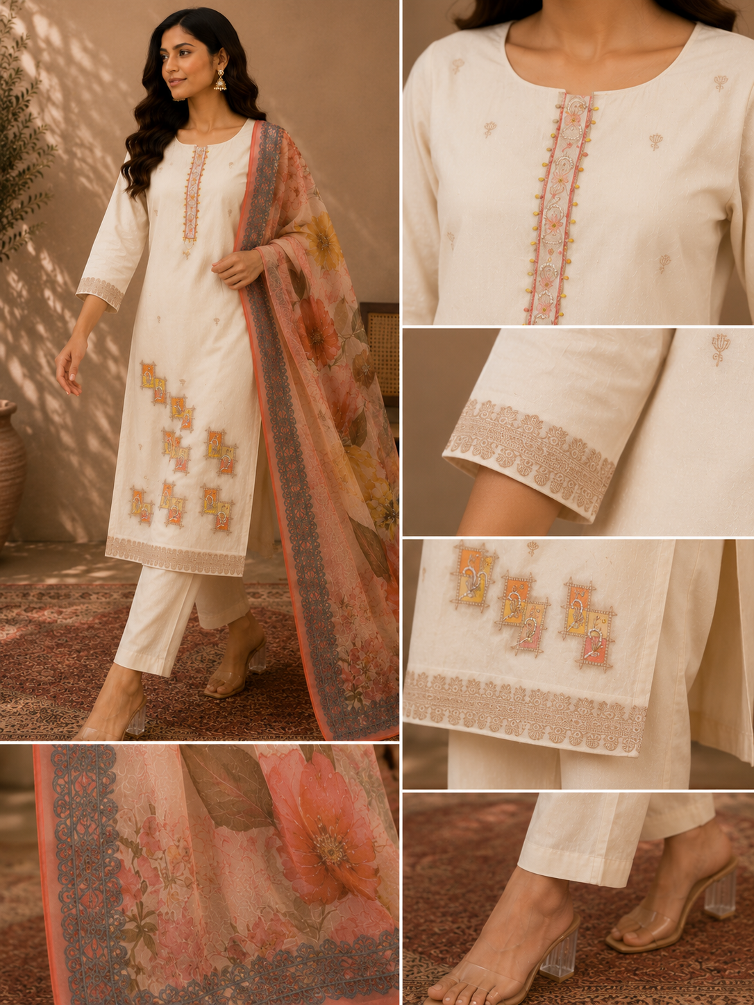 Cotton Handwork Suit Set with Pearl & Thread Work
