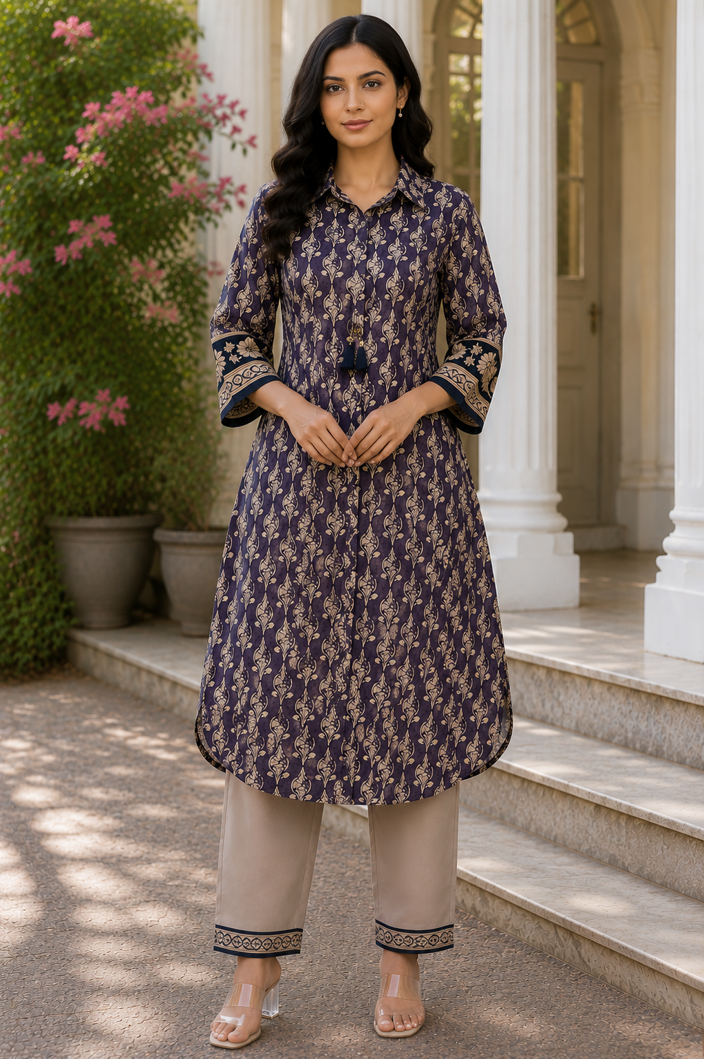 Mul Chanderi Printed Kurta Pant Set with Thread Work