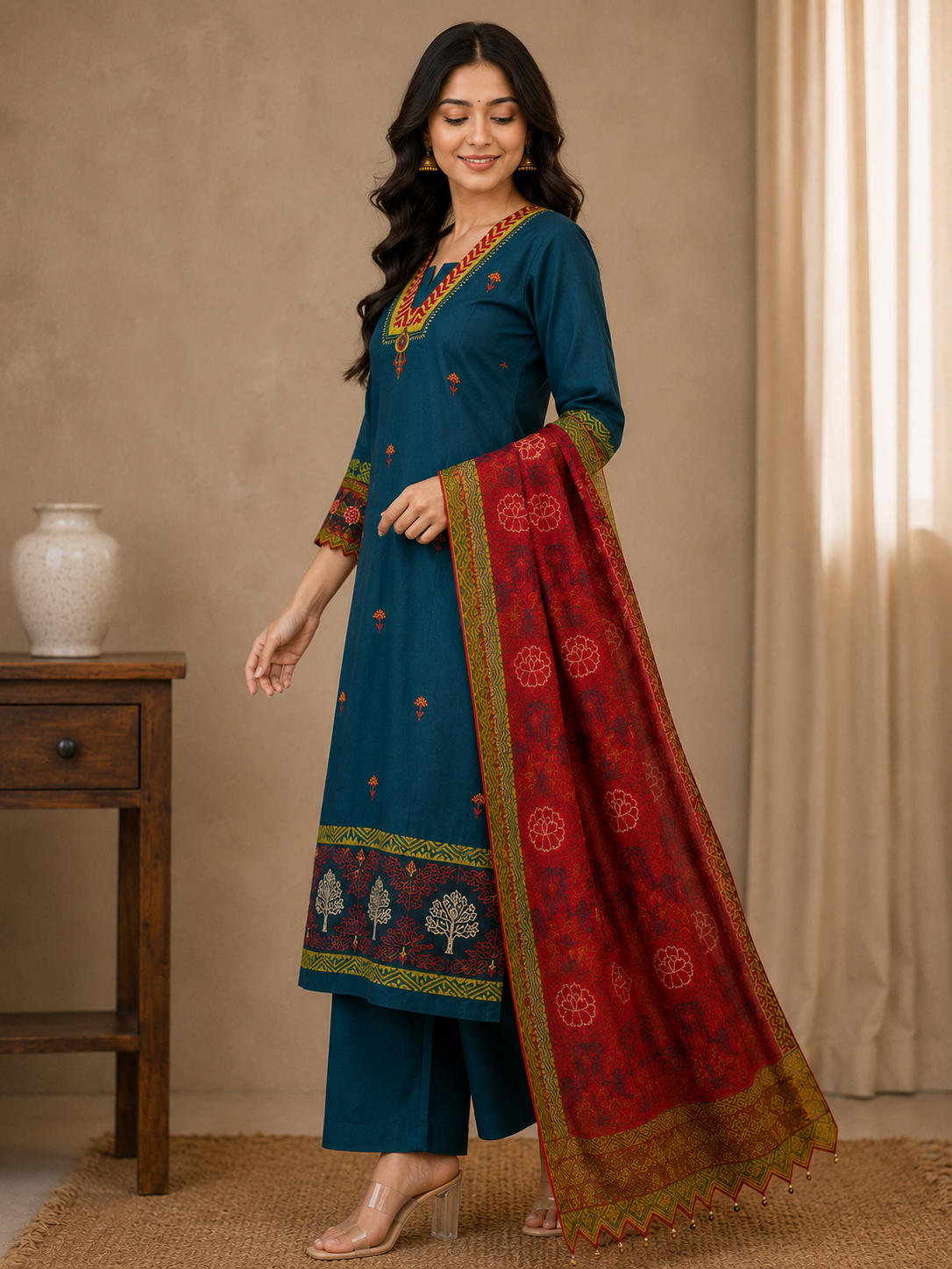SILK SUIT SET WITH LACE WORK & BANARASI DUPATTA