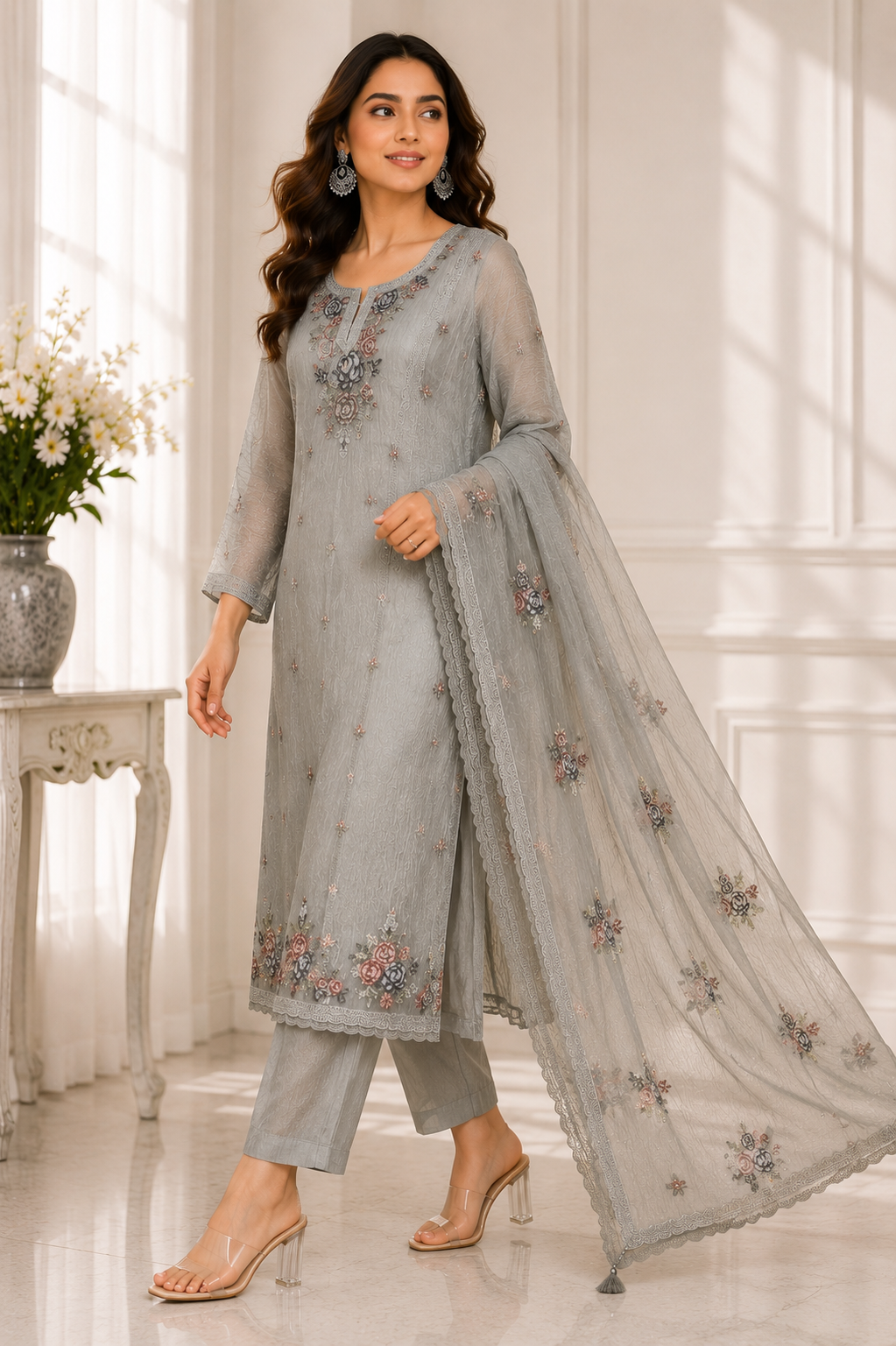Crust Tissue Suit Set with Machine Embroidery
