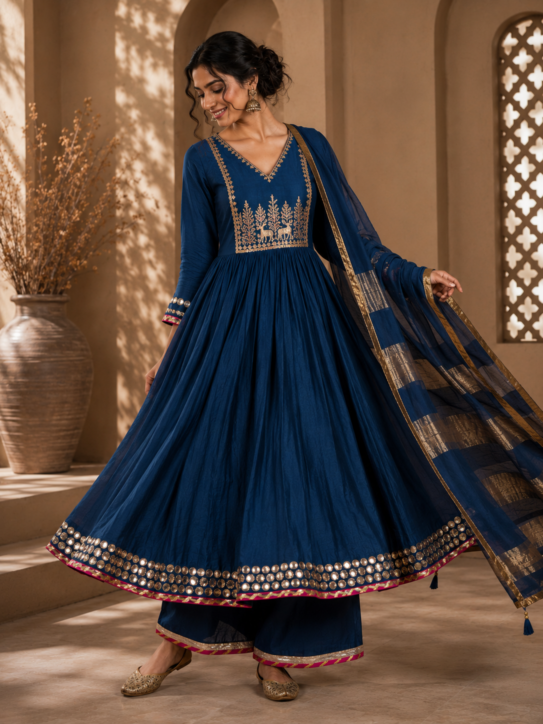 Navy Blue Raw Silk Gathered Anarkali Suit Set with Handwork & Zari Dupatta
