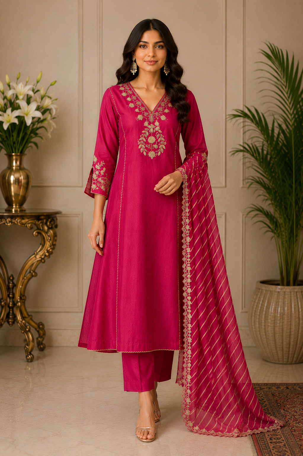 Premium Silk Suit Set with Leheriya Dupatta & Gotta Patti Work