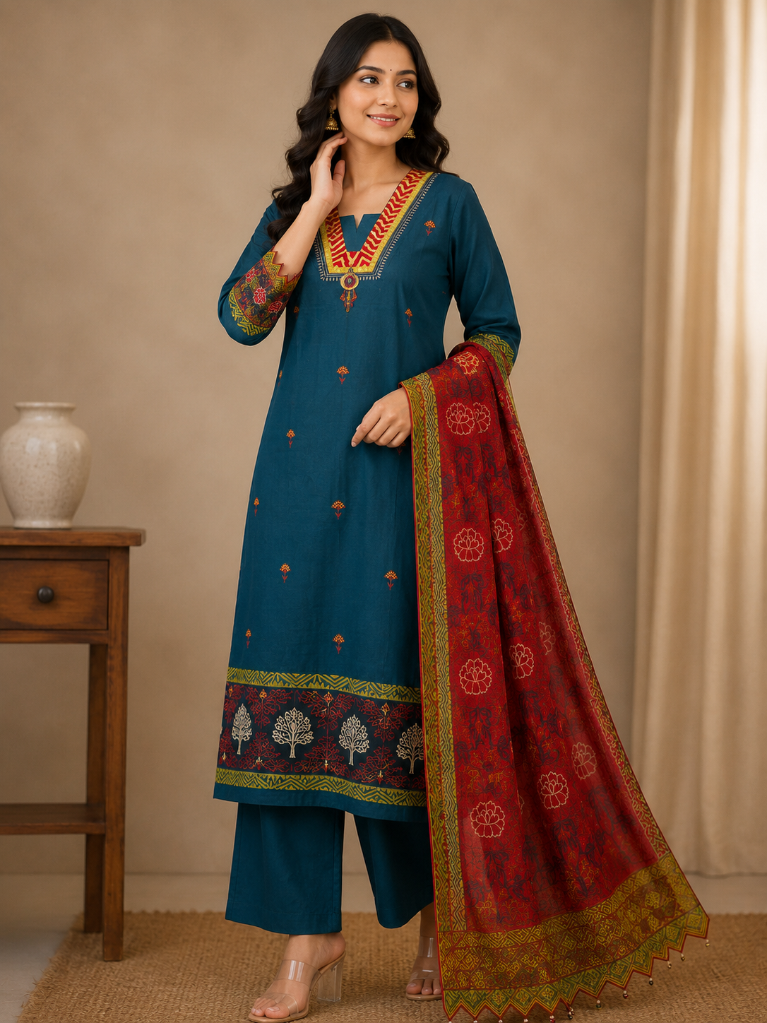 SILK SUIT SET WITH LACE WORK & BANARASI DUPATTA