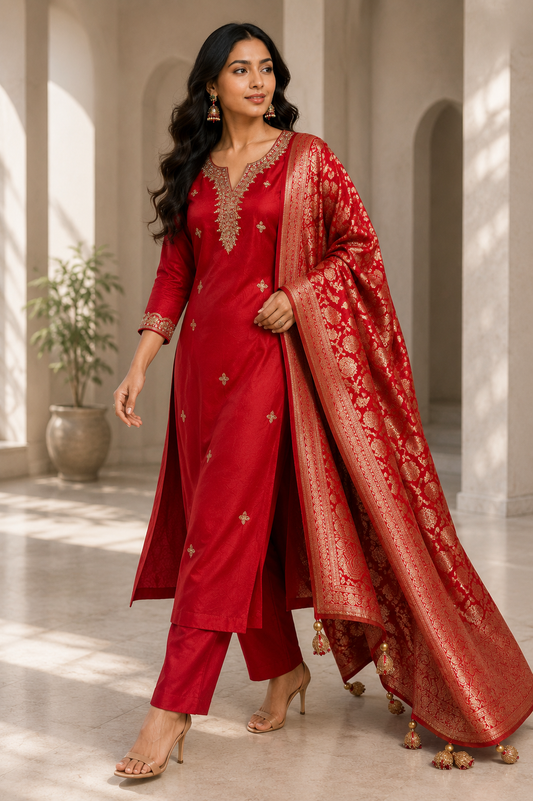 Raw Silk Handwork Suit Set with Banarasi Dupatta