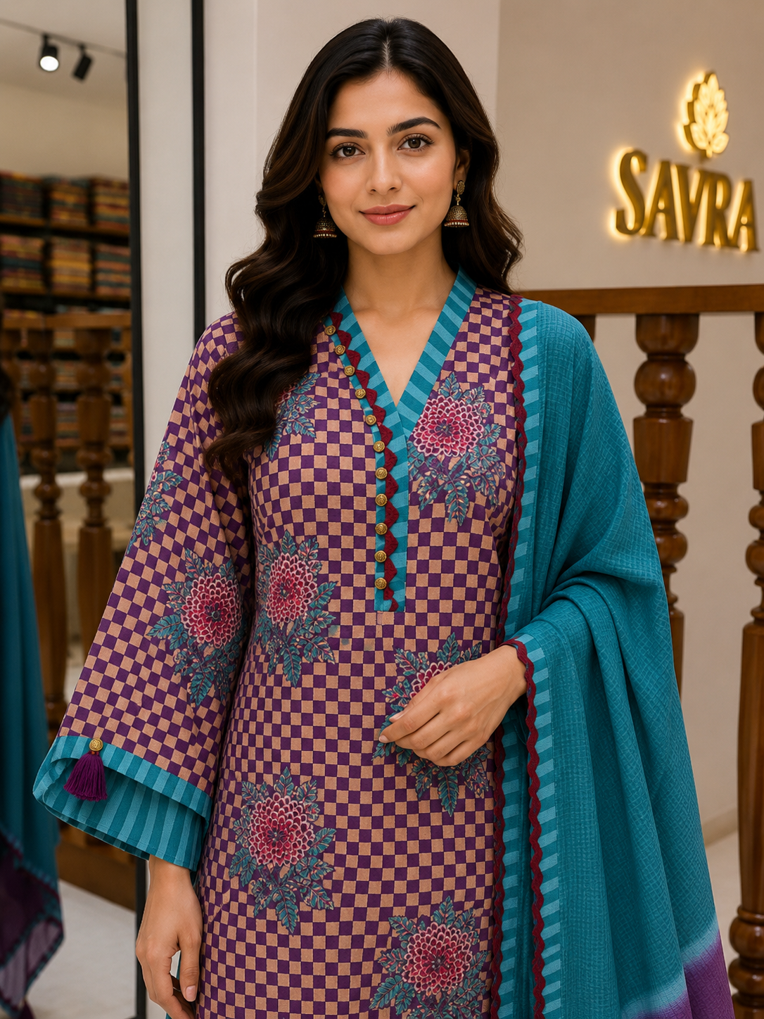 Abstract Print Suit Set with Lace & Appliqué Detailing
