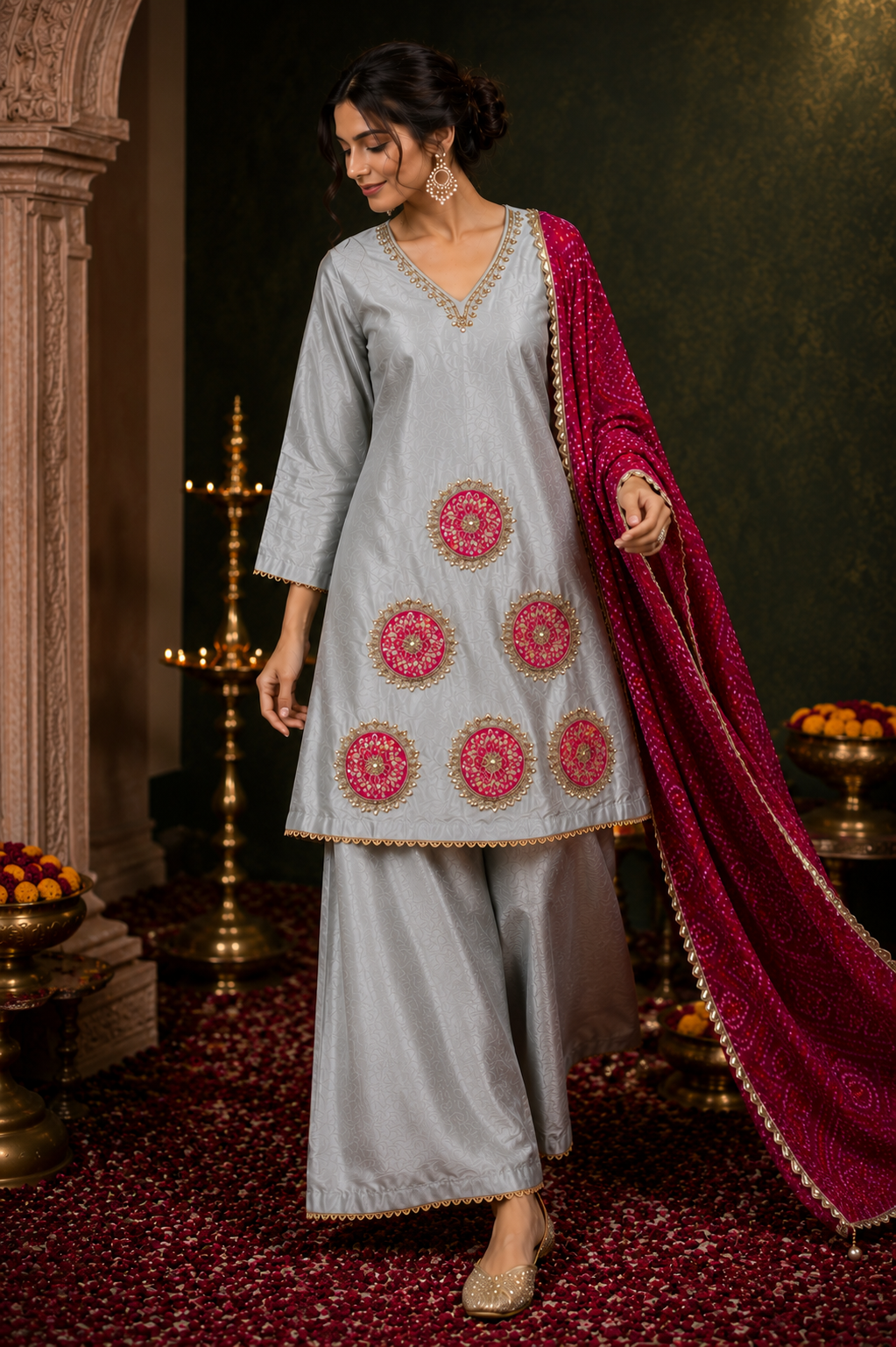 Grey Opara Silk Suit Set with Patch Work, Gotta Patti & Pure Chinon Dupatta