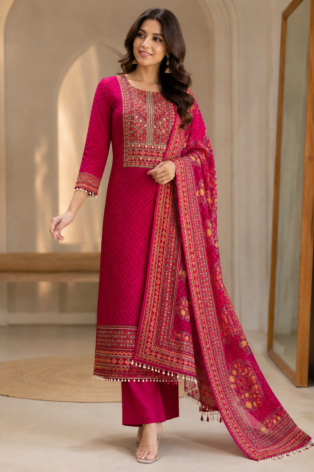 Premium Silk Suit Set with Zari & Mirror Work