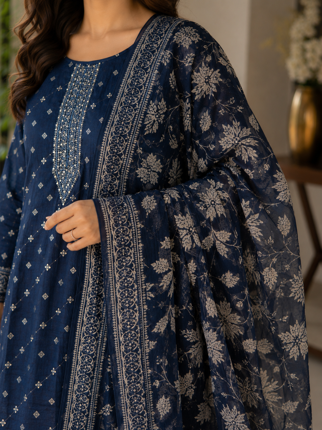 Tussar Silk Suit Set with Kantha Work Detailing