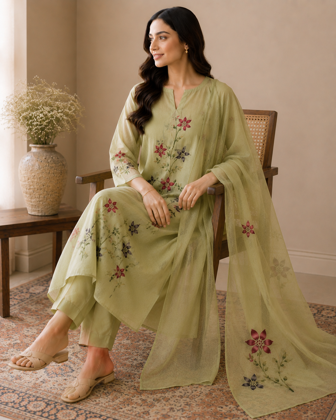 Mul Chanderi Suit Set with Appliqué Work & Hand-Painted Detailing