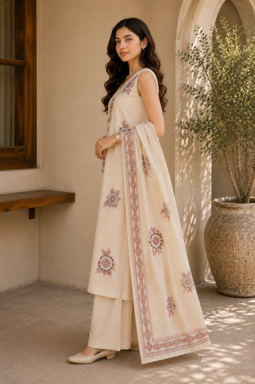 Linen Cotton Suit Set with Embroidered Detailing
