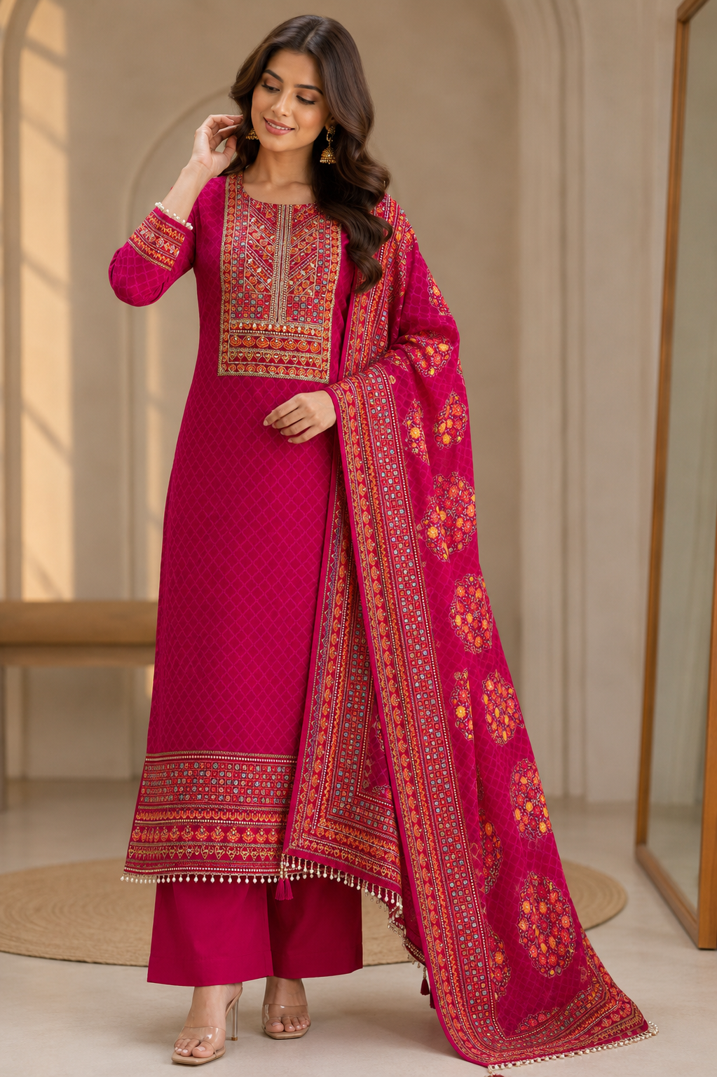 Premium Silk Suit Set with Zari & Mirror Work