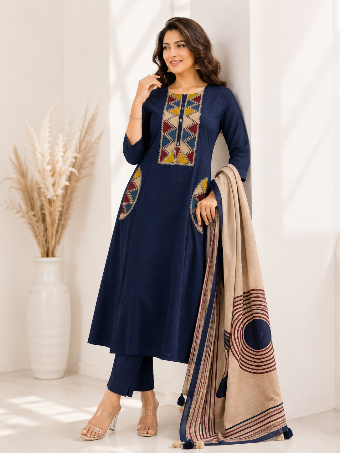 Cotton Suit Set with Embroidered Neck & Pocket Detailing
