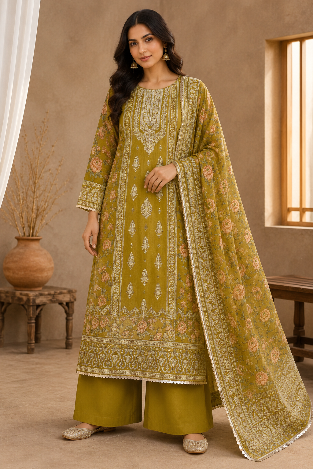 Crust Tissue Suit Set with Thread & Mirror Work Print