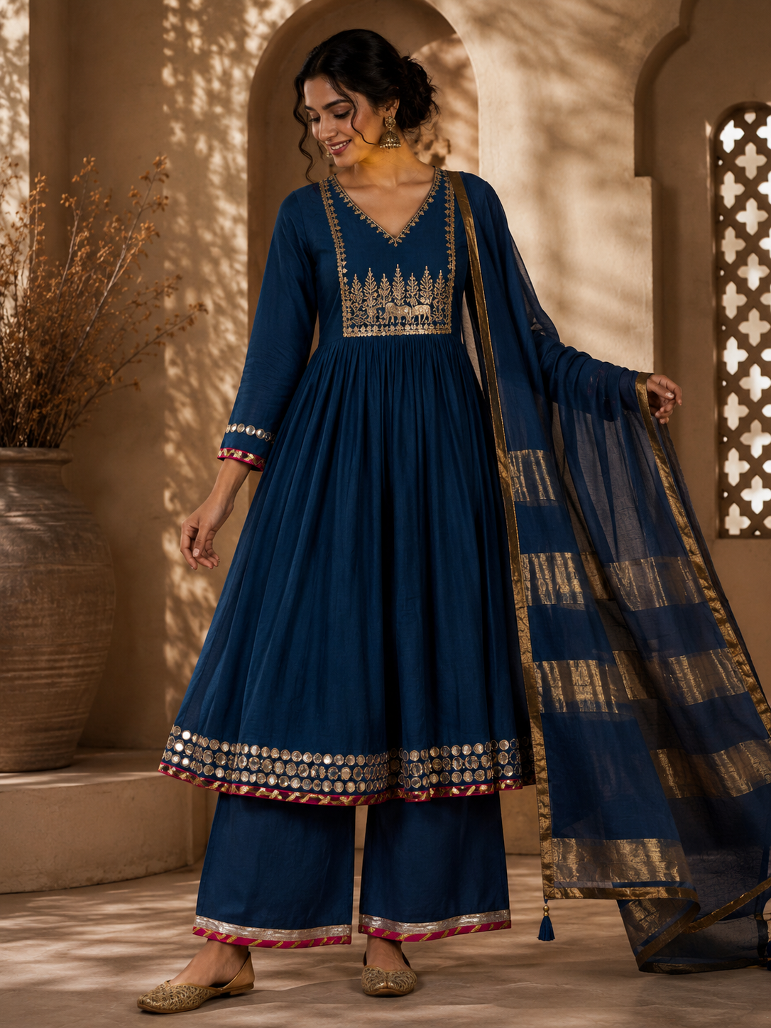 Navy Blue Raw Silk Gathered Anarkali Suit Set with Handwork & Zari Dupatta