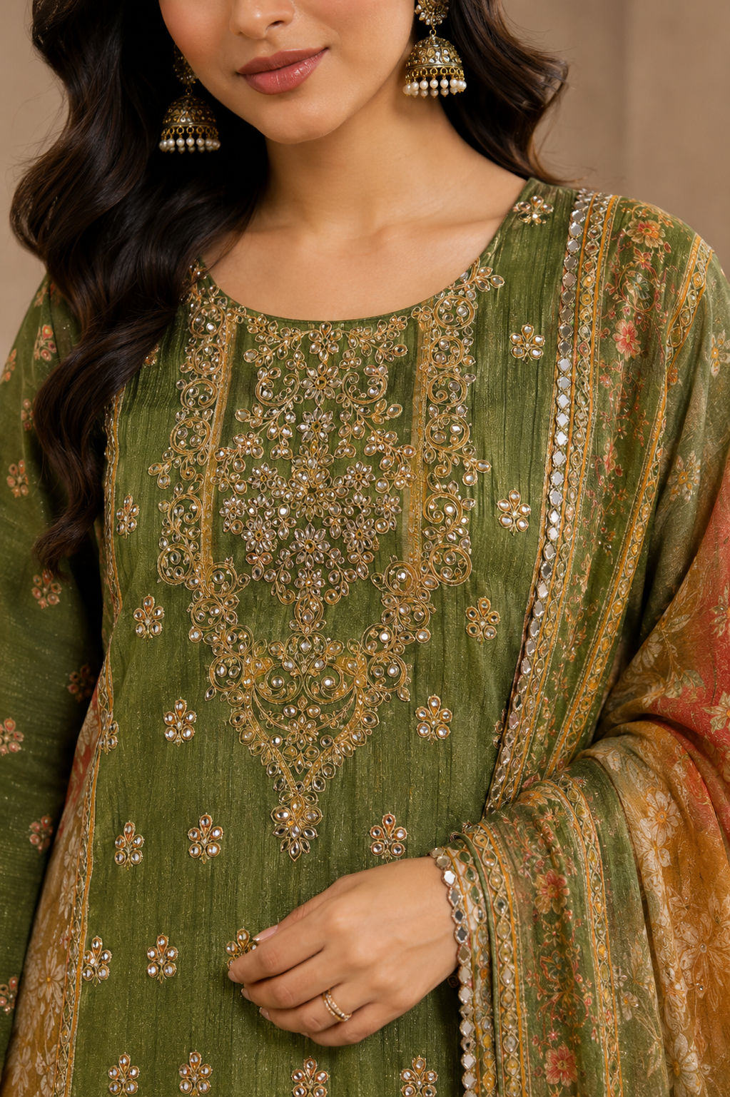 Crust Tissue Suit Set with Thread & Mirror Work Print
