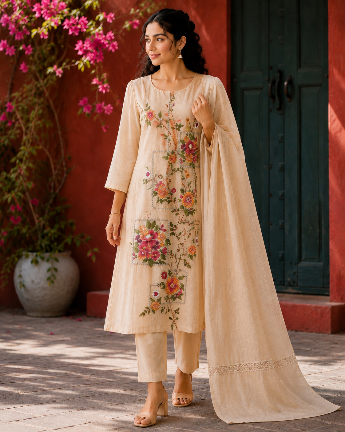 Mul Chanderi Suit with Katha Work & Hand Paint Detailing