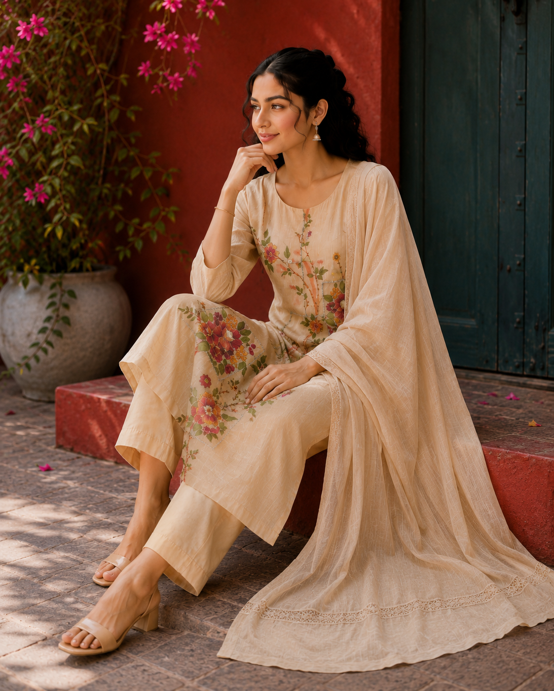 Mul Chanderi Suit with Katha Work & Hand Paint Detailing