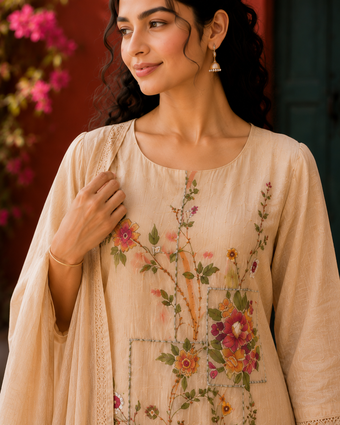 Mul Chanderi Suit with Katha Work & Hand Paint Detailing