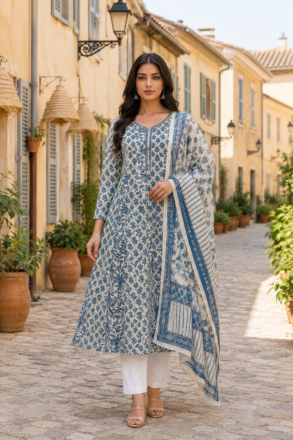 Blue Mul Cotton Printed Anarkali Suit Set