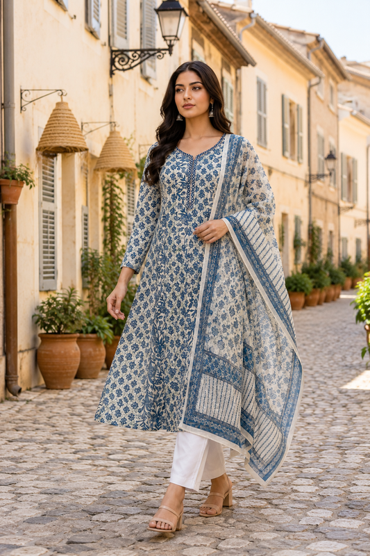 Blue Mul Cotton Printed Anarkali Suit Set