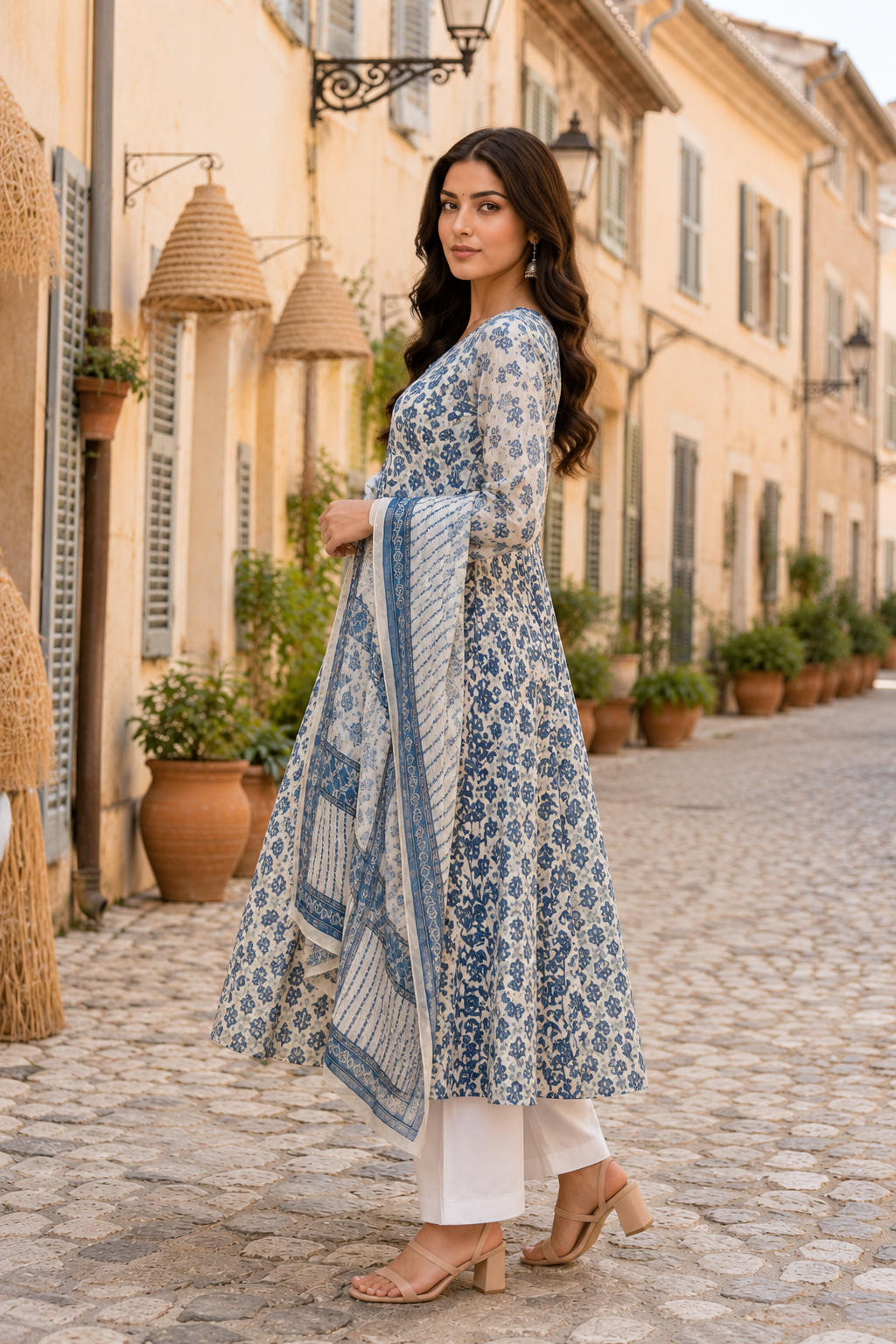 Blue Mul Cotton Printed Anarkali Suit Set