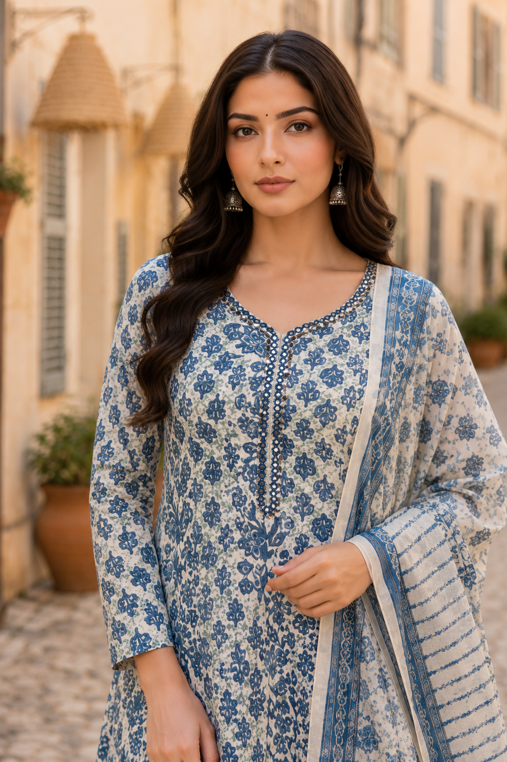 Blue Mul Cotton Printed Anarkali Suit Set