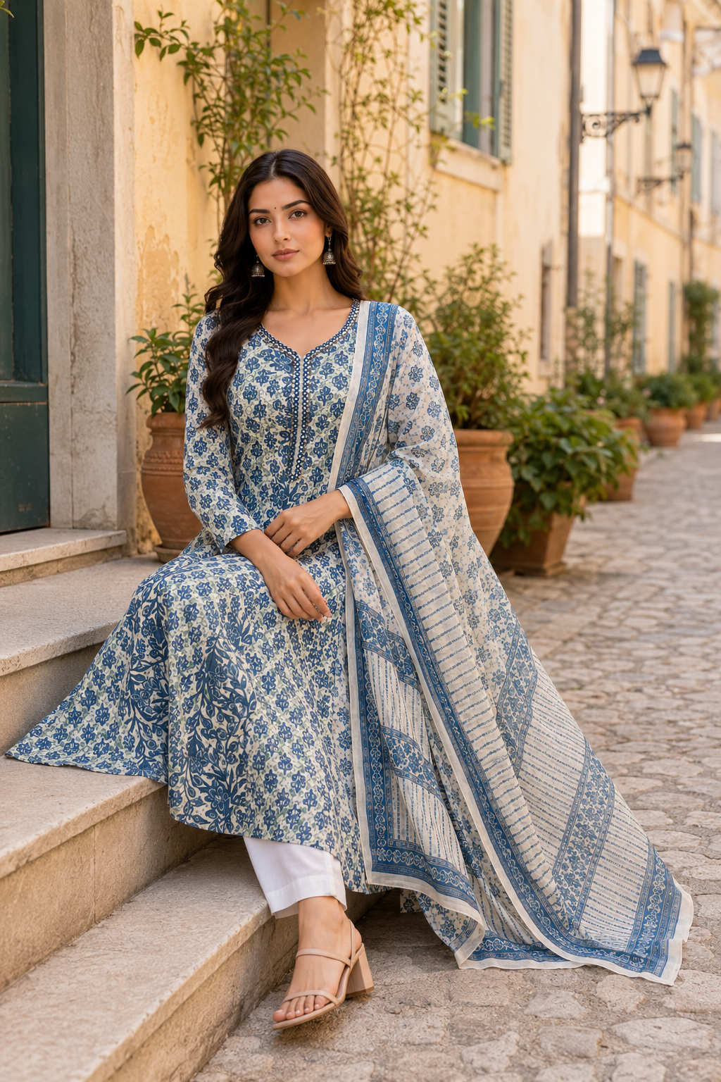 Blue Mul Cotton Printed Anarkali Suit Set